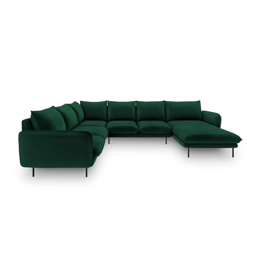 Vienna 7-Sitzer Panorama Ecksofa, Linke Seite, aus Samt in Flaschengrün (Bluvel 78), Beine aus Schwarzes Metall, 330x235x95 cm von Cosmopolitan Design – Bild 3