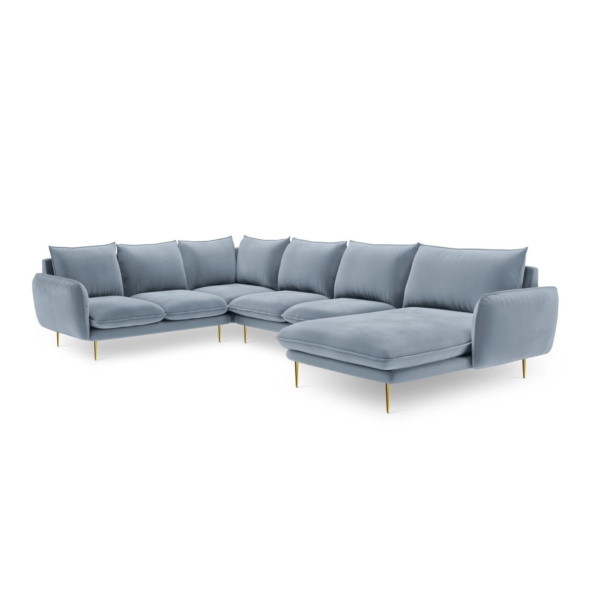 Vienna 7-Sitzer Panorama Ecksofa, Linke Seite, aus Samt in Hellblau (Bluvel 06), Beine aus Goldmetall, 330x235x95 cm von Cosmopolitan Design – Bild 4