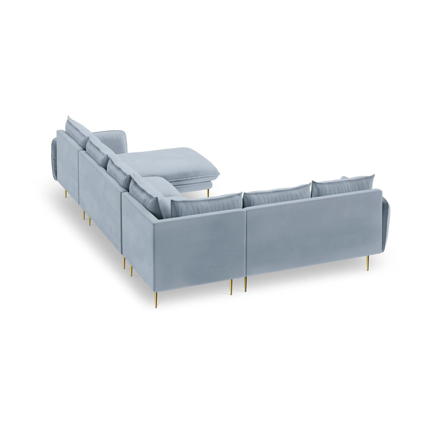 Vienna 7-Sitzer Panorama Ecksofa, Linke Seite, aus Samt in Hellblau (Bluvel 06), Beine aus Goldmetall, 330x235x95 cm von Cosmopolitan Design – Bild 5