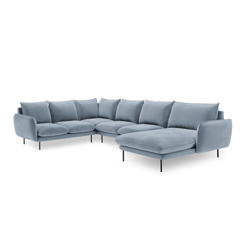 Vienna 7-Sitzer Panorama Ecksofa, Linke Seite, aus Samt in Hellblau (Bluvel 06), Beine aus Schwarzes Metall, 330x235x95 cm von Cosmopolitan Design – Bild 4