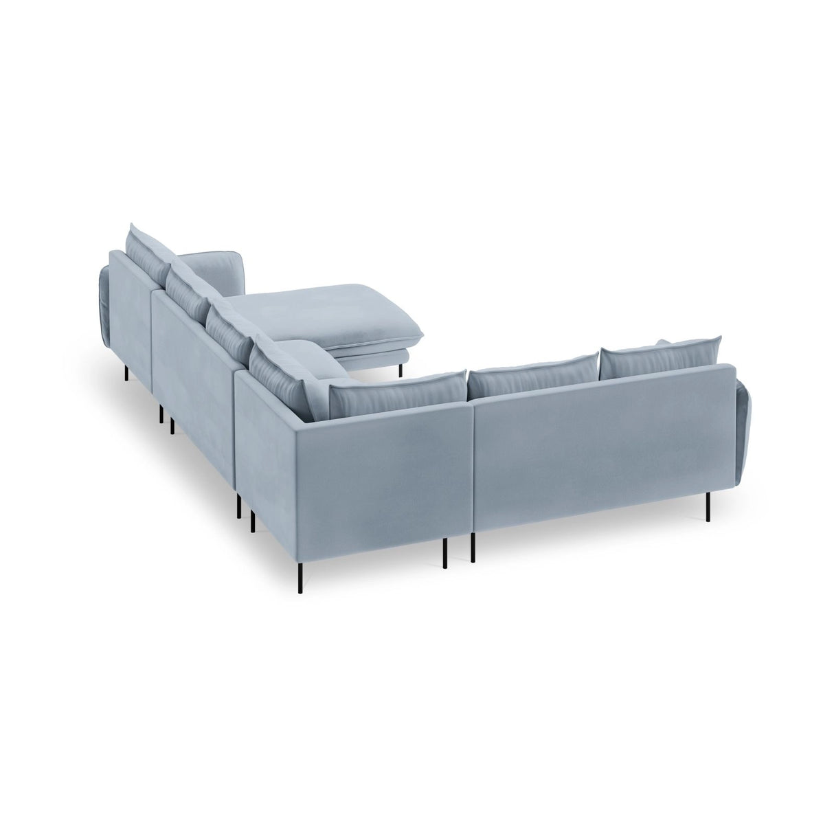 Vienna 7-Sitzer Panorama Ecksofa, Linke Seite, aus Samt in Hellblau (Bluvel 06), Beine aus Schwarzes Metall, 330x235x95 cm von Cosmopolitan Design – Bild 5