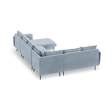 Vienna 7-Sitzer Panorama Ecksofa, Linke Seite, aus Samt in Hellblau (Bluvel 06), Beine aus Schwarzes Metall, 330x235x95 cm von Cosmopolitan Design – Bild 5