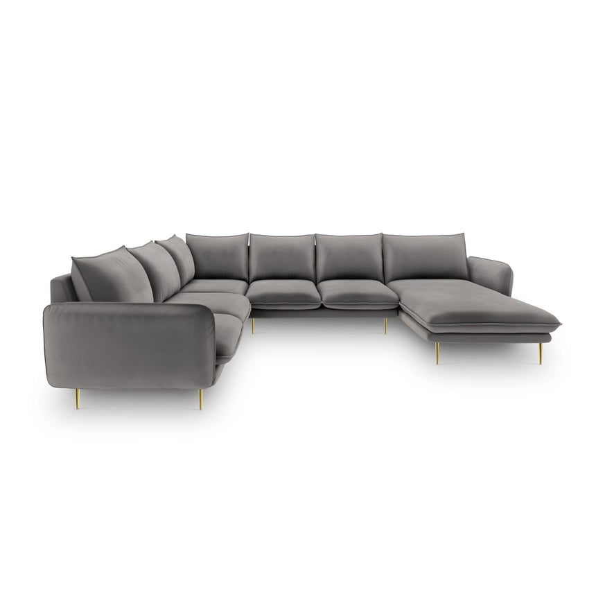 Vienna 7-Sitzer Panorama Ecksofa, Linke Seite, aus Samt in Hellgrau (Bluvel 13), Beine aus Goldmetall, 330x235x95 cm von Cosmopolitan Design – Bild 3