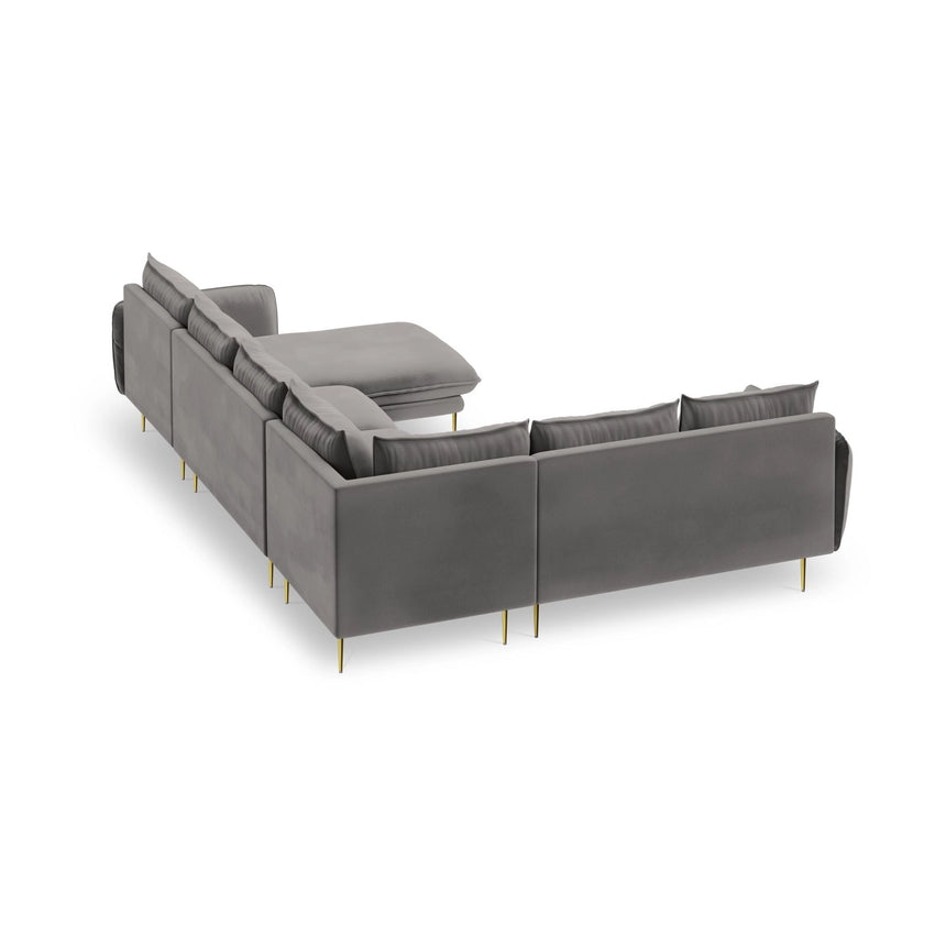 Vienna 7-Sitzer Panorama Ecksofa, Linke Seite, aus Samt in Hellgrau (Bluvel 13), Beine aus Goldmetall, 330x235x95 cm von Cosmopolitan Design – Bild 5