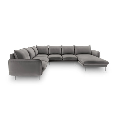 Vienna 7-Sitzer Panorama Ecksofa, Linke Seite, aus Samt in Hellgrau (Bluvel 13), Beine aus Schwarzes Metall, 330x235x95 cm von Cosmopolitan Design – Bild 3