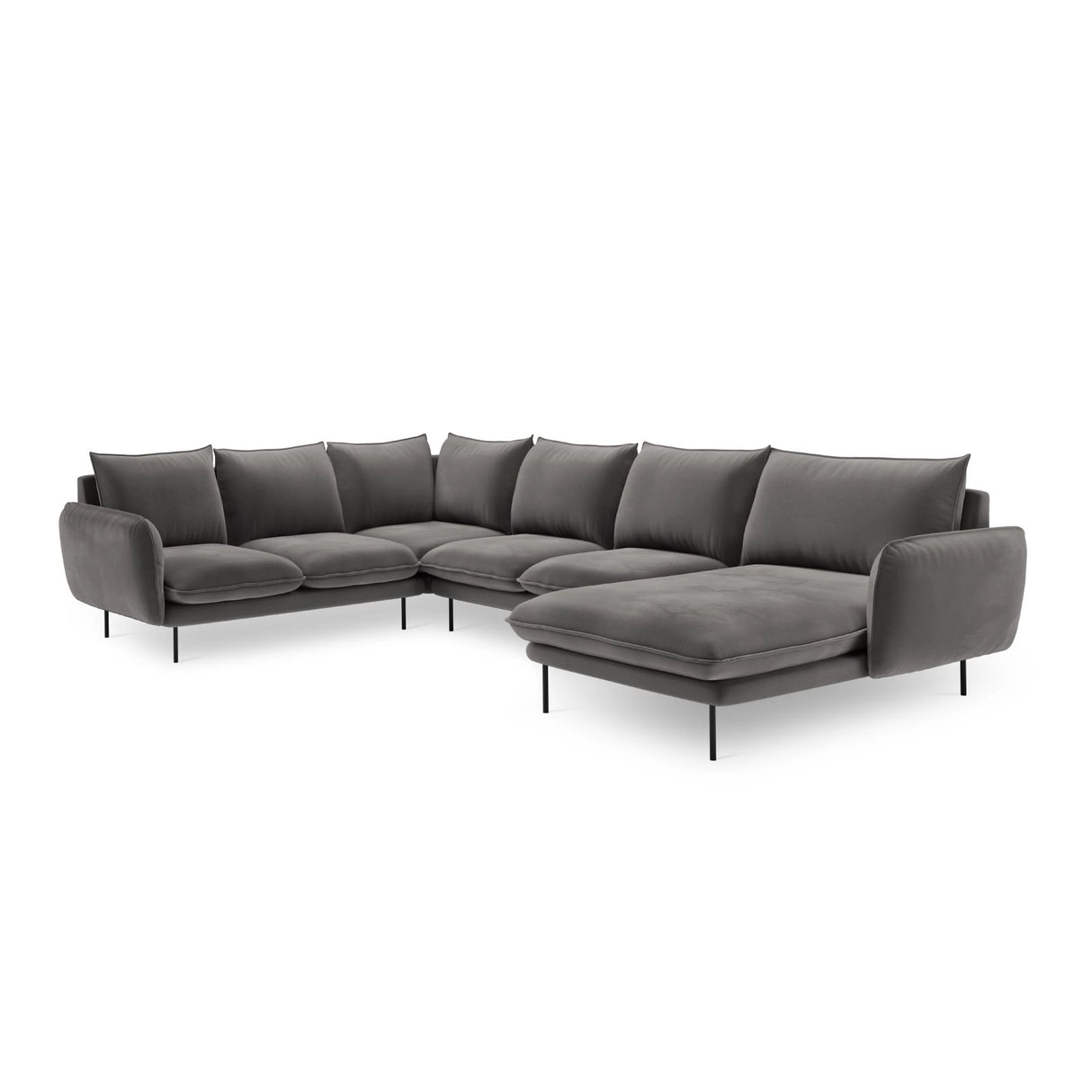 Vienna 7-Sitzer Panorama Ecksofa, Linke Seite, aus Samt in Hellgrau (Bluvel 13), Beine aus Schwarzes Metall, 330x235x95 cm von Cosmopolitan Design – Bild 4