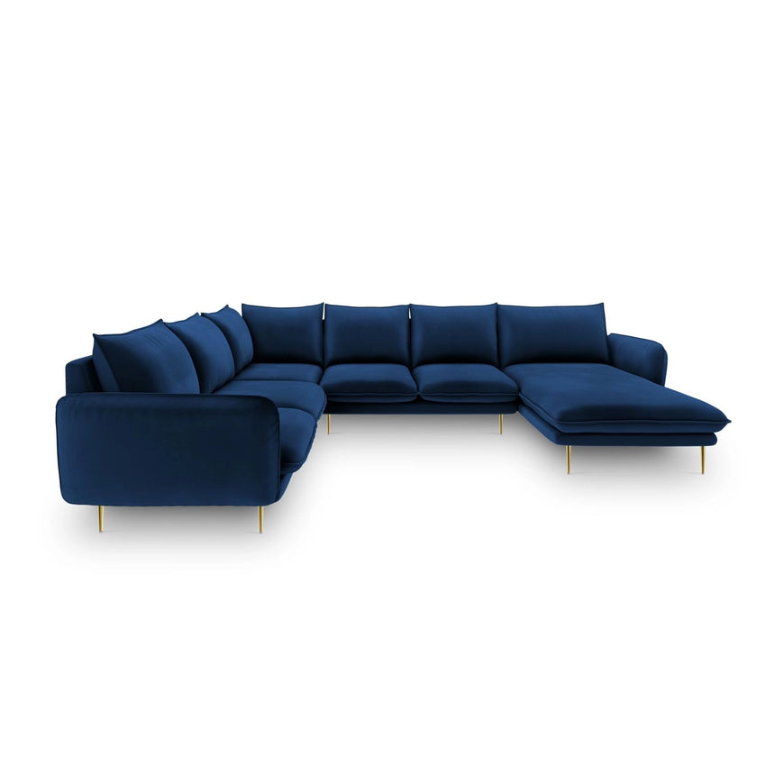 Vienna 7-Sitzer Panorama Ecksofa, Linke Seite, aus Samt in Königsblau (Bluvel 86), Beine aus Goldmetall, 330x235x95 cm von Cosmopolitan Design – Bild 3