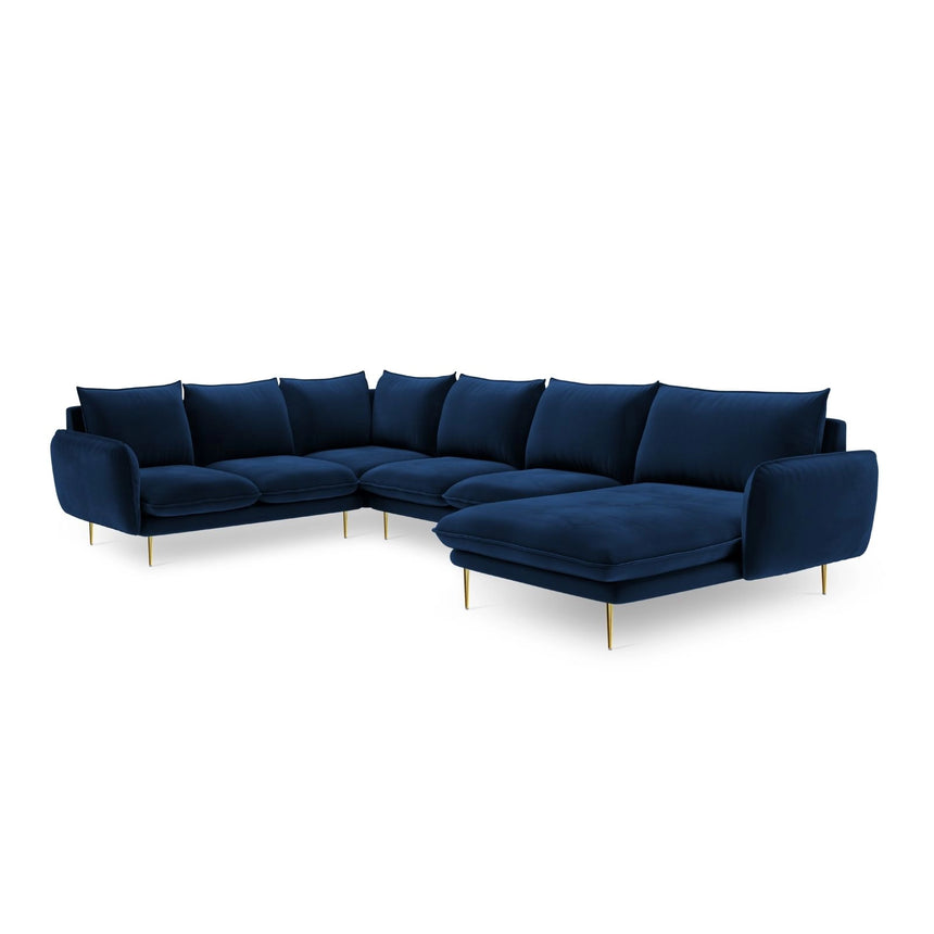 Vienna 7-Sitzer Panorama Ecksofa, Linke Seite, aus Samt in Königsblau (Bluvel 86), Beine aus Goldmetall, 330x235x95 cm von Cosmopolitan Design – Bild 4