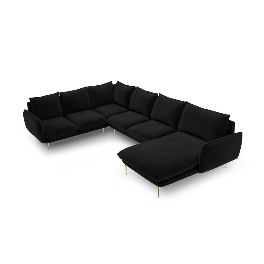 Vienna 7-Sitzer Panorama Ecksofa, Linke Seite, aus Samt in Schwarz (Bluvel 19), Beine aus Goldmetall, 330x235x95 cm von Cosmopolitan Design – Bild 1
