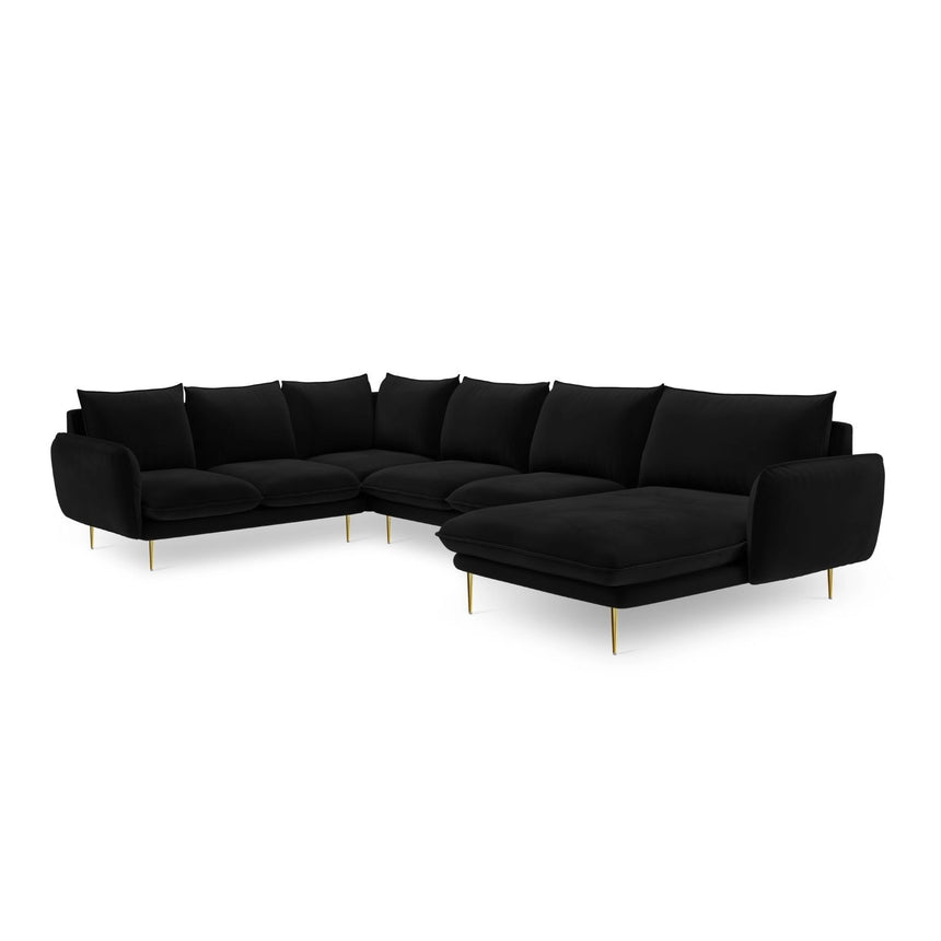 Vienna 7-Sitzer Panorama Ecksofa, Linke Seite, aus Samt in Schwarz (Bluvel 19), Beine aus Goldmetall, 330x235x95 cm von Cosmopolitan Design – Bild 4