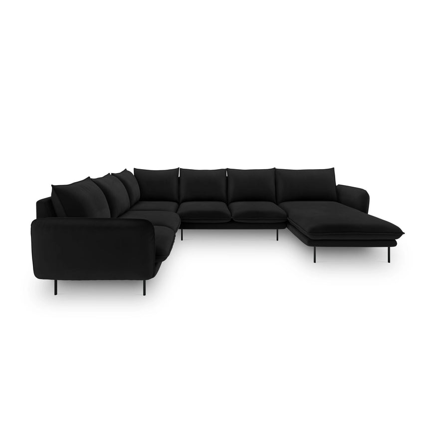 Vienna 7-Sitzer Panorama Ecksofa, Linke Seite, aus Samt in Schwarz (Bluvel 19), Beine aus Schwarzes Metall, 330x235x95 cm von Cosmopolitan Design – Bild 3
