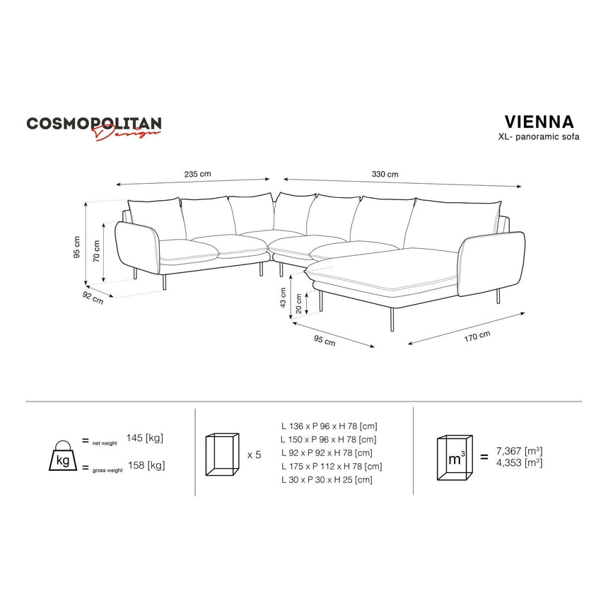 Vienna 7-Sitzer Panorama Ecksofa, Linke Seite, aus Samt oder Strukturstoff, 330x235x95 cm von Cosmopolitan Design – Bild 2