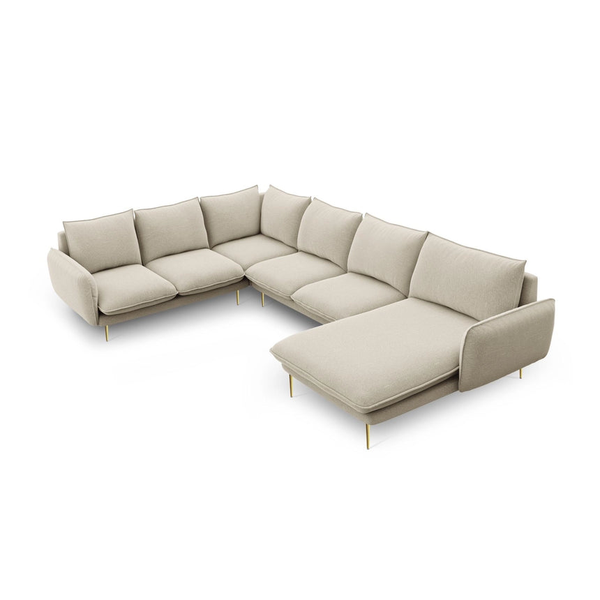 Vienna 7-Sitzer Panorama Ecksofa, Linke Seite, aus Strukturierter Stoff in Beige (Positano 8), Beine aus Goldmetall, 330x235x95 cm von Cosmopolitan Design – Bild 1