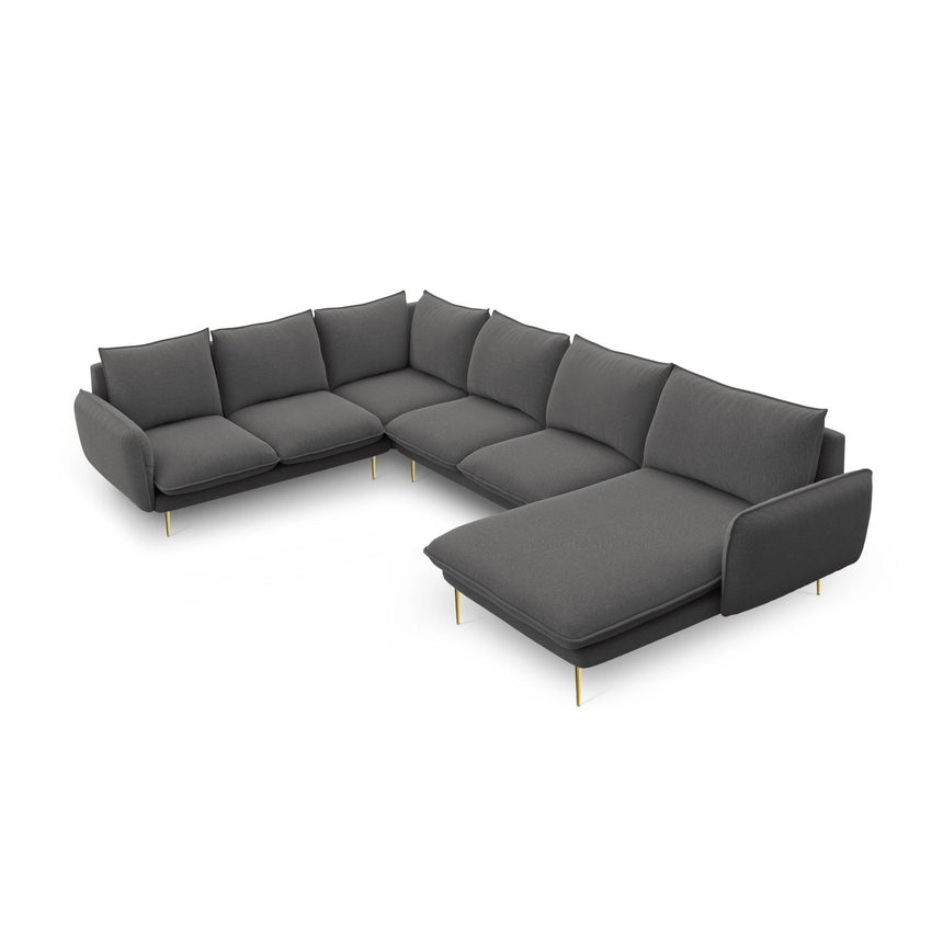 Vienna 7-Sitzer Panorama Ecksofa, Linke Seite, aus Strukturierter Stoff in Dunkelgrau (Positano 95), Beine aus Goldmetall, 330x235x95 cm von Cosmopolitan Design – Bild 1