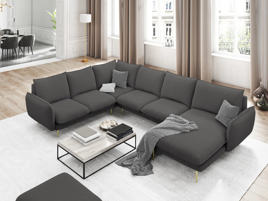 Vienna 7-Sitzer Panorama Ecksofa, Linke Seite, aus Strukturierter Stoff in Dunkelgrau (Positano 95), Beine aus Goldmetall, 330x235x95 cm von Cosmopolitan Design – Bild 2