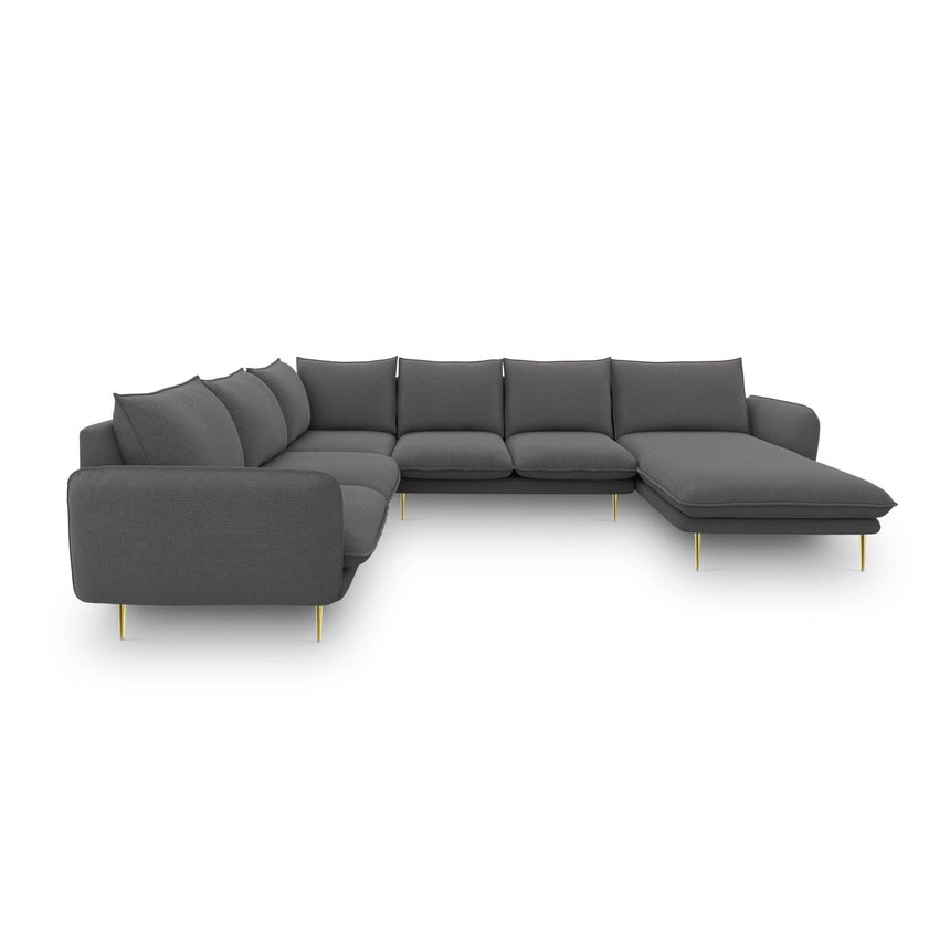 Vienna 7-Sitzer Panorama Ecksofa, Linke Seite, aus Strukturierter Stoff in Dunkelgrau (Positano 95), Beine aus Goldmetall, 330x235x95 cm von Cosmopolitan Design – Bild 4