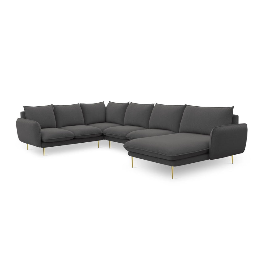 Vienna 7-Sitzer Panorama Ecksofa, Linke Seite, aus Strukturierter Stoff in Dunkelgrau (Positano 95), Beine aus Goldmetall, 330x235x95 cm von Cosmopolitan Design – Bild 5