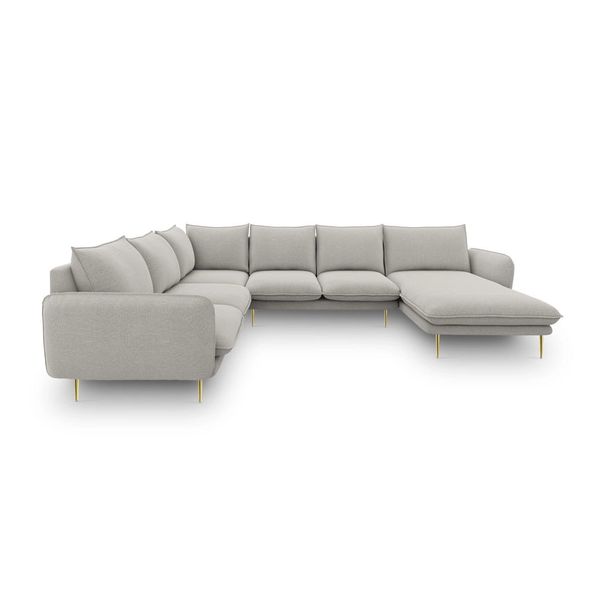 Vienna 7-Sitzer Panorama Ecksofa, Linke Seite, aus Strukturierter Stoff in Hellgrau (Asgard 27/ Positano 83), Beine aus Goldmetall, 330x235x95 cm von Cosmopolitan Design – Bild 4