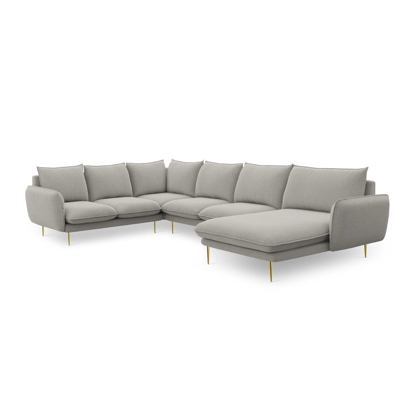 Vienna 7-Sitzer Panorama Ecksofa, Linke Seite, aus Strukturierter Stoff in Hellgrau (Asgard 27/ Positano 83), Beine aus Goldmetall, 330x235x95 cm von Cosmopolitan Design – Bild 5