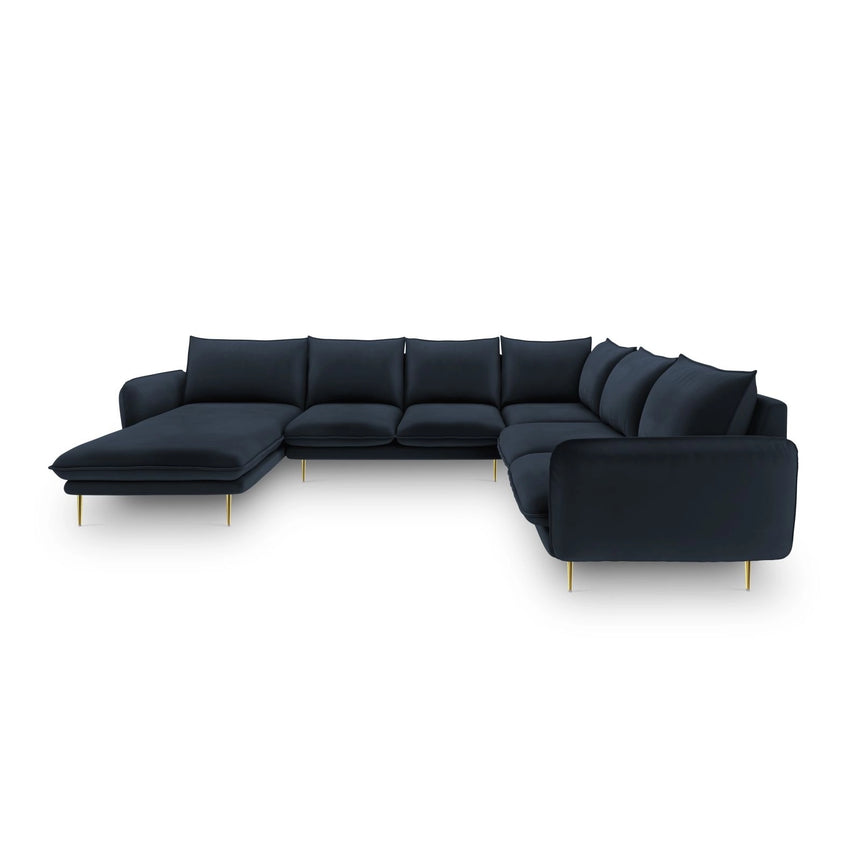 Vienna 7-Sitzer Panorama Ecksofa, Rechte Seite, aus Samt in Dunkelblau (Bluvel 89), Beine aus Goldmetall, 330x235x95 cm von Cosmopolitan Design – Bild 3
