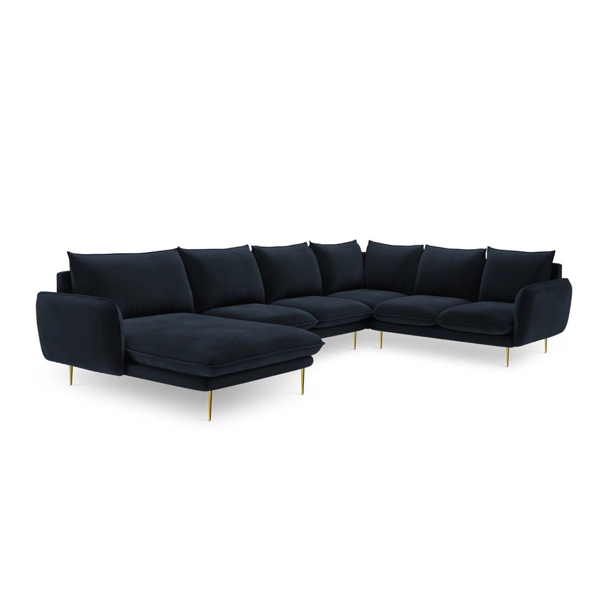 Vienna 7-Sitzer Panorama Ecksofa, Rechte Seite, aus Samt in Dunkelblau (Bluvel 89), Beine aus Goldmetall, 330x235x95 cm von Cosmopolitan Design – Bild 4