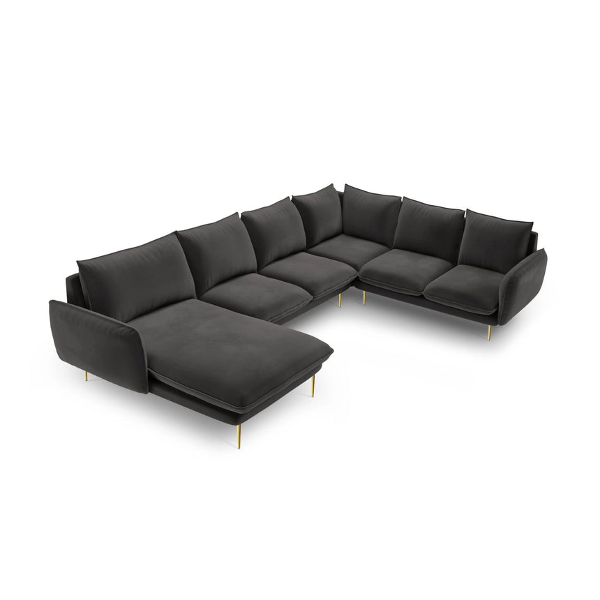 Vienna 7-Sitzer Panorama Ecksofa, Rechte Seite, aus Samt in Dunkelgrau (Bluvel 18), Beine aus Goldmetall, 330x235x95 cm von Cosmopolitan Design – Bild 1