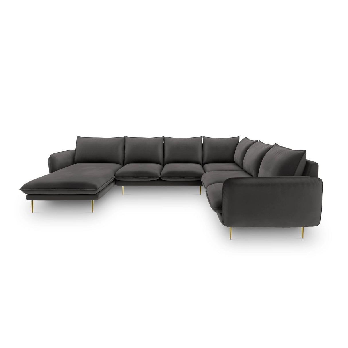 Vienna 7-Sitzer Panorama Ecksofa, Rechte Seite, aus Samt in Dunkelgrau (Bluvel 18), Beine aus Goldmetall, 330x235x95 cm von Cosmopolitan Design – Bild 3