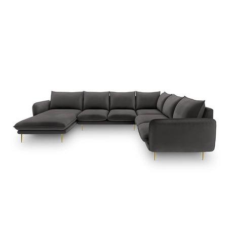 Vienna 7-Sitzer Panorama Ecksofa, Rechte Seite, aus Samt in Dunkelgrau (Bluvel 18), Beine aus Goldmetall, 330x235x95 cm von Cosmopolitan Design – Bild 3
