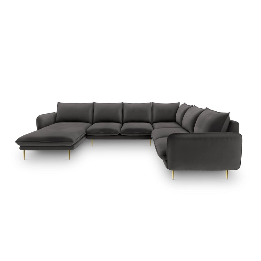 Vienna 7-Sitzer Panorama Ecksofa, Rechte Seite, aus Samt in Dunkelgrau (Bluvel 18), Beine aus Goldmetall, 330x235x95 cm von Cosmopolitan Design – Bild 3