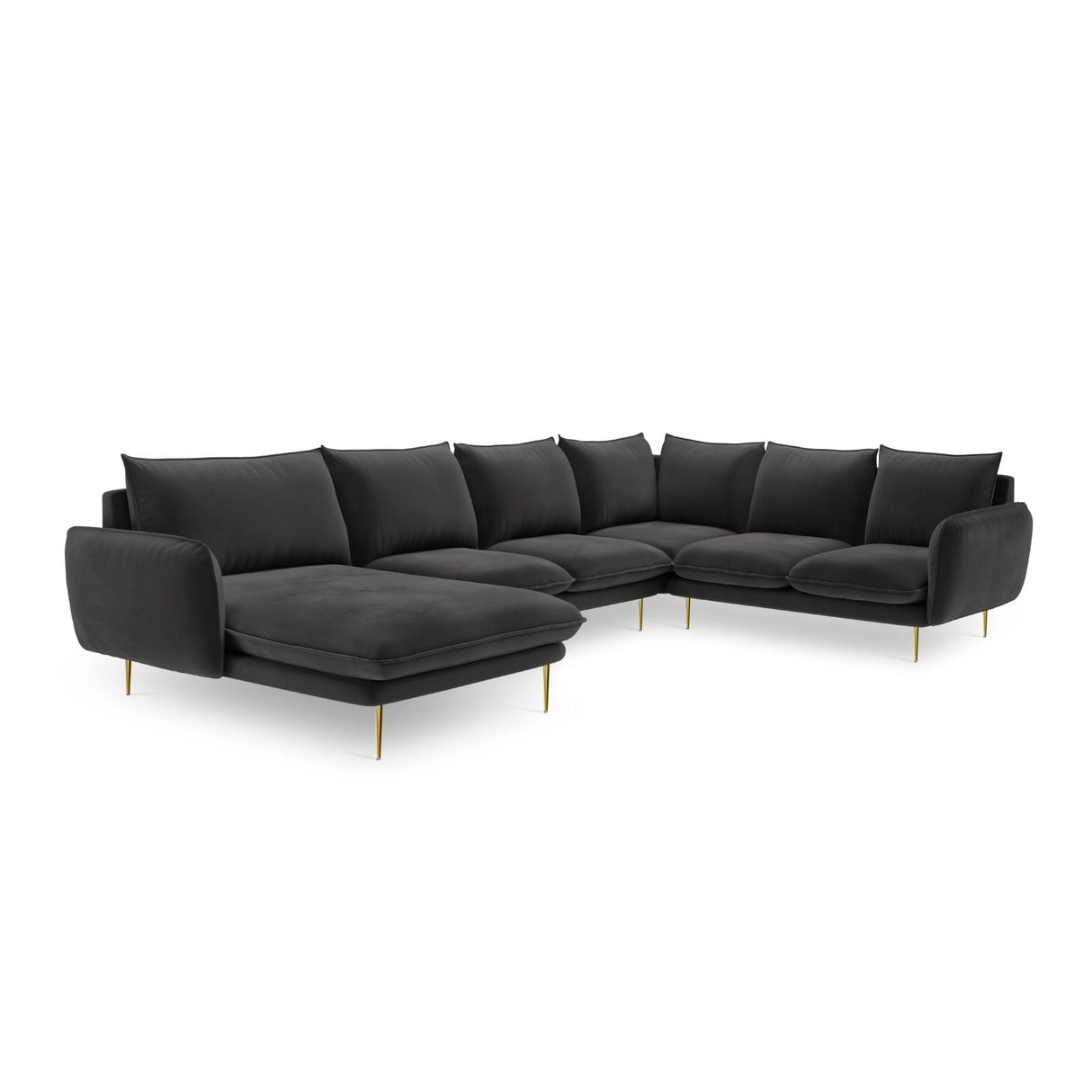 Vienna 7-Sitzer Panorama Ecksofa, Rechte Seite, aus Samt in Dunkelgrau (Bluvel 18), Beine aus Goldmetall, 330x235x95 cm von Cosmopolitan Design – Bild 4