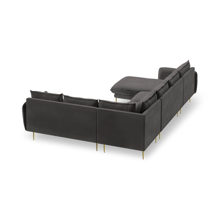 Vienna 7-Sitzer Panorama Ecksofa, Rechte Seite, aus Samt in Dunkelgrau (Bluvel 18), Beine aus Goldmetall, 330x235x95 cm von Cosmopolitan Design – Bild 5