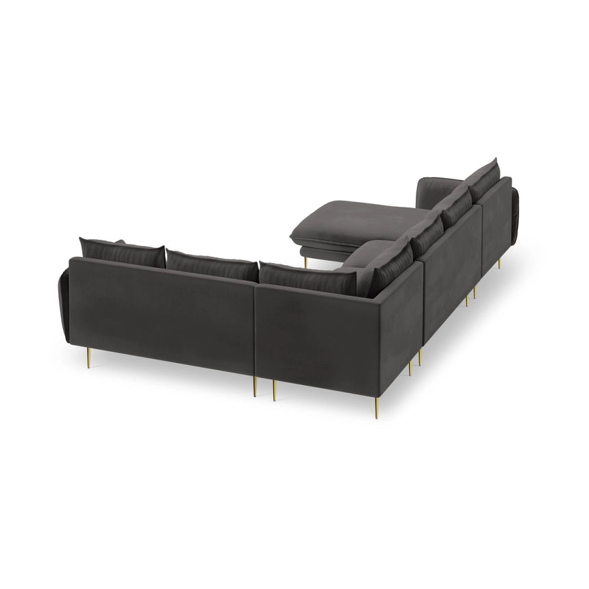 Vienna 7-Sitzer Panorama Ecksofa, Rechte Seite, aus Samt in Dunkelgrau (Bluvel 18), Beine aus Goldmetall, 330x235x95 cm von Cosmopolitan Design – Bild 5