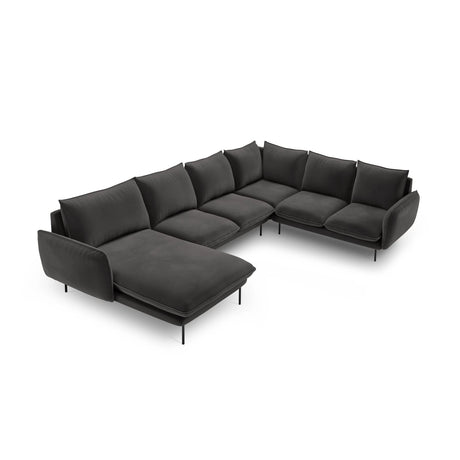 Vienna 7-Sitzer Panorama Ecksofa, Rechte Seite, aus Samt in Dunkelgrau (Bluvel 18), Beine aus Schwarzes Metall, 330x235x95 cm von Cosmopolitan Design – Bild 1