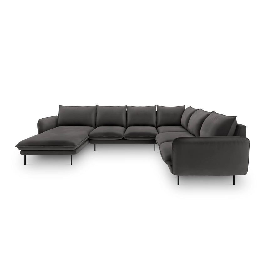 Vienna 7-Sitzer Panorama Ecksofa, Rechte Seite, aus Samt in Dunkelgrau (Bluvel 18), Beine aus Schwarzes Metall, 330x235x95 cm von Cosmopolitan Design – Bild 3