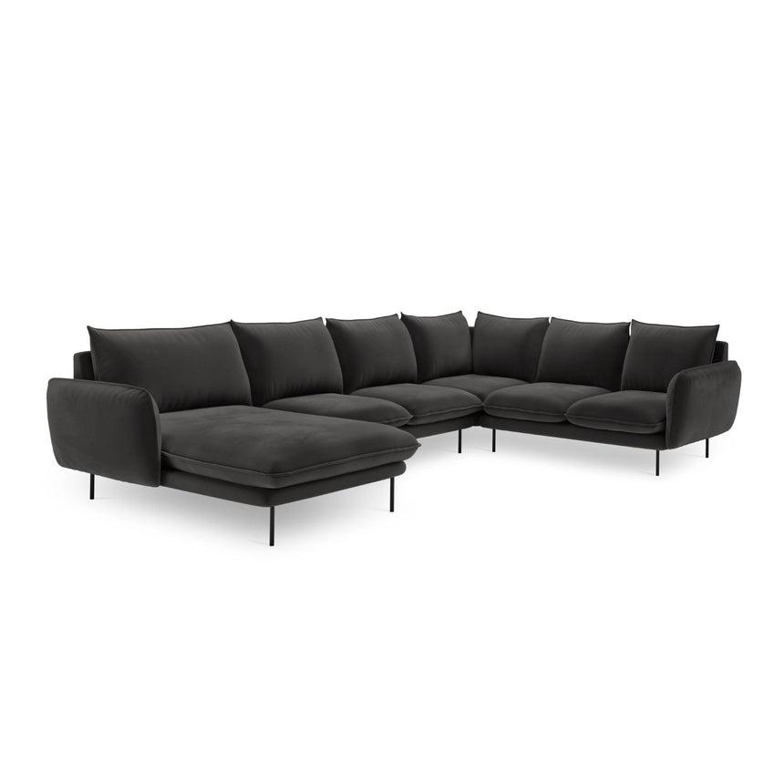 Vienna 7-Sitzer Panorama Ecksofa, Rechte Seite, aus Samt in Dunkelgrau (Bluvel 18), Beine aus Schwarzes Metall, 330x235x95 cm von Cosmopolitan Design – Bild 4
