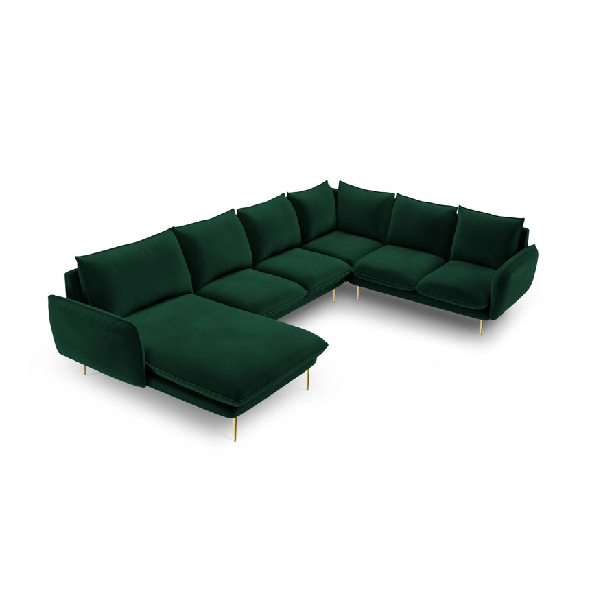 Vienna 7-Sitzer Panorama Ecksofa, Rechte Seite, aus Samt in Flaschengrün (Bluvel 78), Beine aus Goldmetall, 330x235x95 cm von Cosmopolitan Design – Bild 1