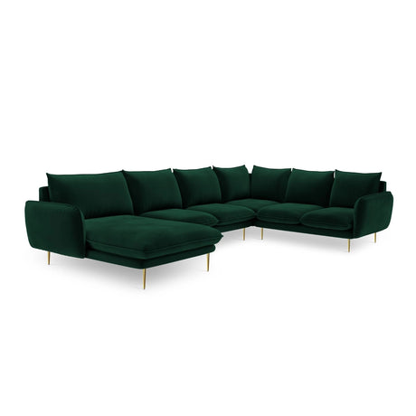 Vienna 7-Sitzer Panorama Ecksofa, Rechte Seite, aus Samt in Flaschengrün (Bluvel 78), Beine aus Goldmetall, 330x235x95 cm von Cosmopolitan Design – Bild 4