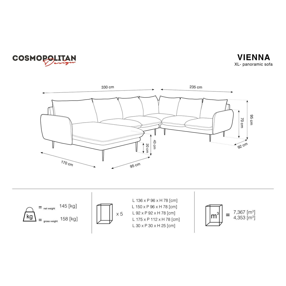 Vienna 7-Sitzer Panorama Ecksofa, Rechte Seite, aus Samt in Flaschengrün (Bluvel 78), Beine aus Schwarzes Metall, 330x235x95 cm von Cosmopolitan Design – Bild 2
