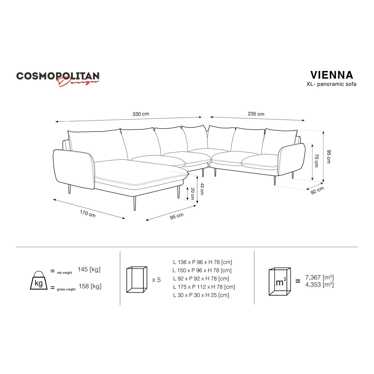 Vienna 7-Sitzer Panorama Ecksofa, Rechte Seite, aus Samt in Hellbeige (Bluvel 22), Beine aus Schwarzes Metall, 330x235x95 cm von Cosmopolitan Design – Bild 2