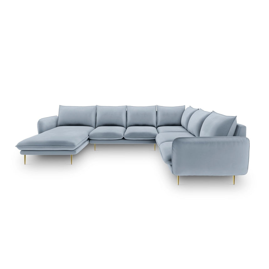 Vienna 7-Sitzer Panorama Ecksofa, Rechte Seite, aus Samt in Hellblau (Bluvel 06), Beine aus Goldmetall, 330x235x95 cm von Cosmopolitan Design – Bild 3