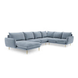 Vienna 7-Sitzer Panorama Ecksofa, Rechte Seite, aus Samt in Hellblau (Bluvel 06), Beine aus Goldmetall, 330x235x95 cm von Cosmopolitan Design – Bild 4