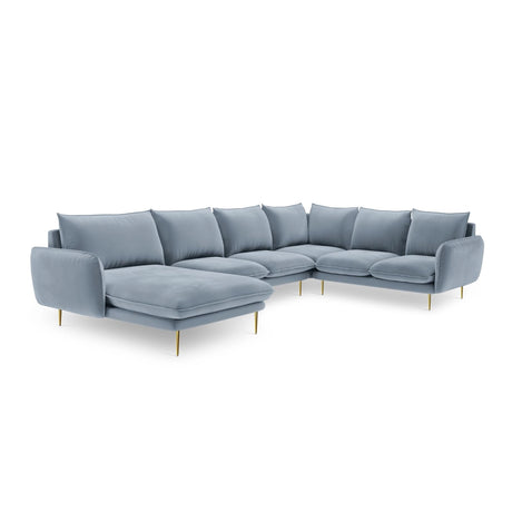 Vienna 7-Sitzer Panorama Ecksofa, Rechte Seite, aus Samt in Hellblau (Bluvel 06), Beine aus Goldmetall, 330x235x95 cm von Cosmopolitan Design – Bild 4