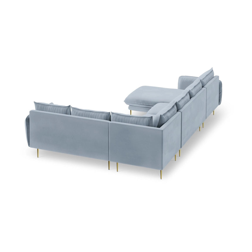 Vienna 7-Sitzer Panorama Ecksofa, Rechte Seite, aus Samt in Hellblau (Bluvel 06), Beine aus Goldmetall, 330x235x95 cm von Cosmopolitan Design – Bild 5