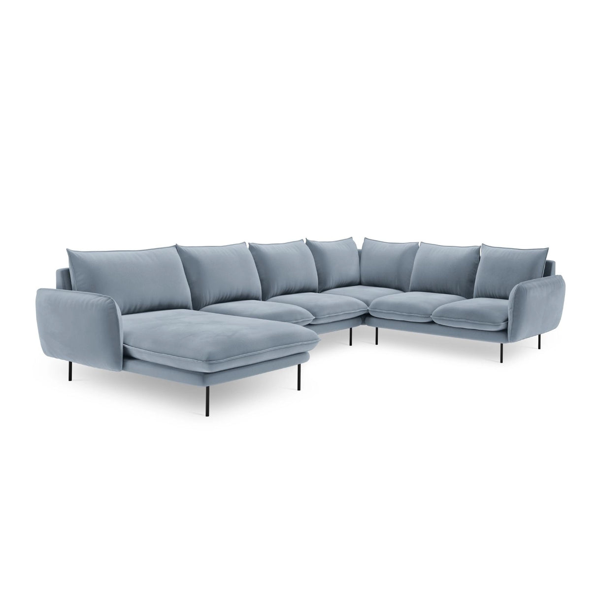 Vienna 7-Sitzer Panorama Ecksofa, Rechte Seite, aus Samt in Hellblau (Bluvel 06), Beine aus Schwarzes Metall, 330x235x95 cm von Cosmopolitan Design – Bild 4