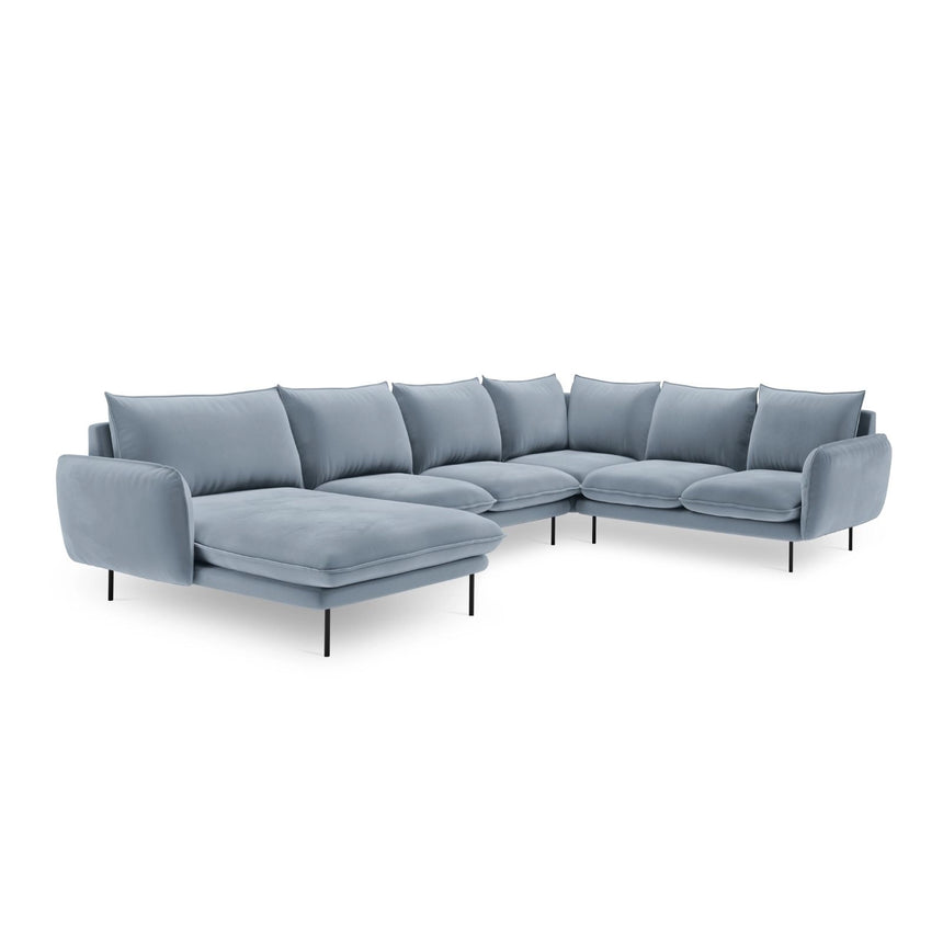 Vienna 7-Sitzer Panorama Ecksofa, Rechte Seite, aus Samt in Hellblau (Bluvel 06), Beine aus Schwarzes Metall, 330x235x95 cm von Cosmopolitan Design – Bild 4