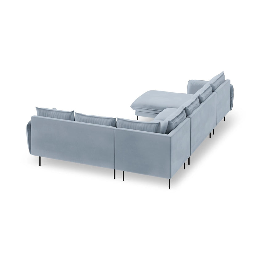 Vienna 7-Sitzer Panorama Ecksofa, Rechte Seite, aus Samt in Hellblau (Bluvel 06), Beine aus Schwarzes Metall, 330x235x95 cm von Cosmopolitan Design – Bild 5