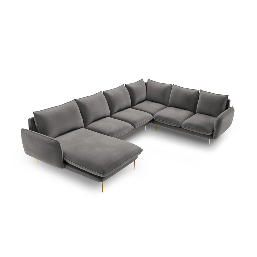 Vienna 7-Sitzer Panorama Ecksofa, Rechte Seite, aus Samt in Hellgrau (Bluvel 13), Beine aus Goldmetall, 330x235x95 cm von Cosmopolitan Design – Bild 1