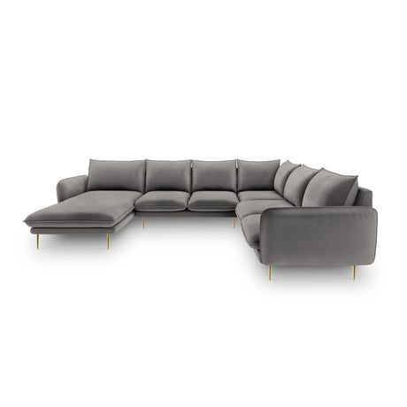 Vienna 7-Sitzer Panorama Ecksofa, Rechte Seite, aus Samt in Hellgrau (Bluvel 13), Beine aus Goldmetall, 330x235x95 cm von Cosmopolitan Design – Bild 3