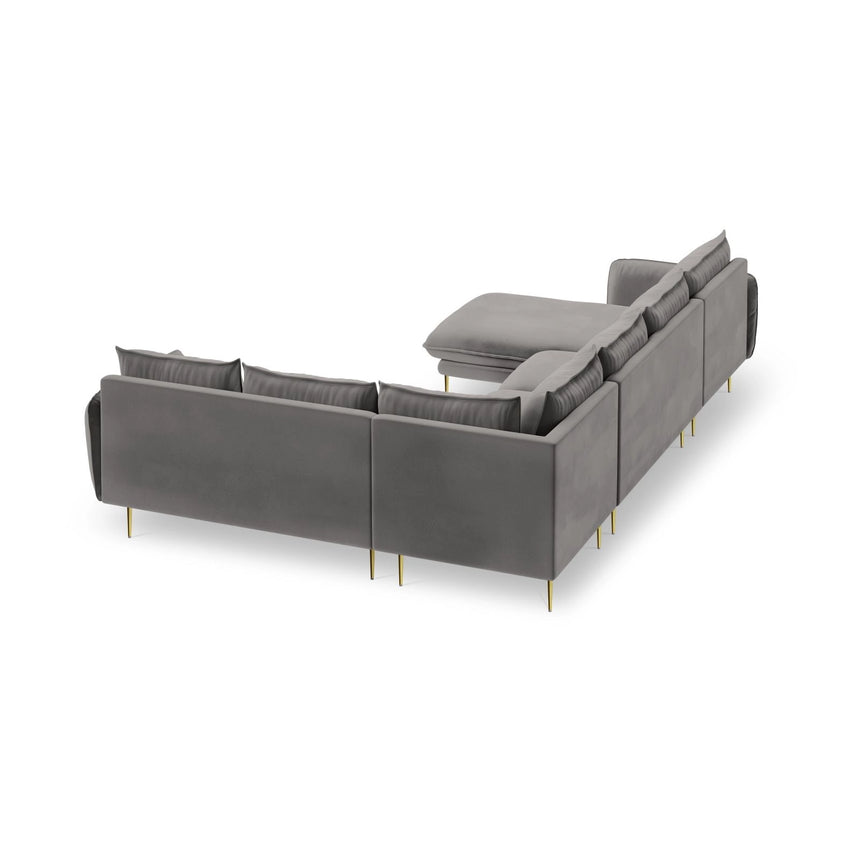 Vienna 7-Sitzer Panorama Ecksofa, Rechte Seite, aus Samt in Hellgrau (Bluvel 13), Beine aus Goldmetall, 330x235x95 cm von Cosmopolitan Design – Bild 5