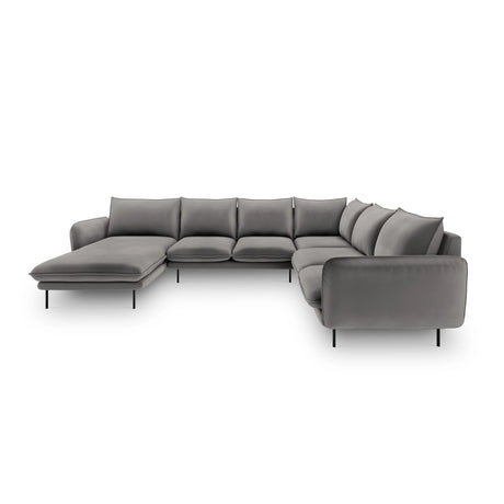 Vienna 7-Sitzer Panorama Ecksofa, Rechte Seite, aus Samt in Hellgrau (Bluvel 13), Beine aus Schwarzes Metall, 330x235x95 cm von Cosmopolitan Design – Bild 3